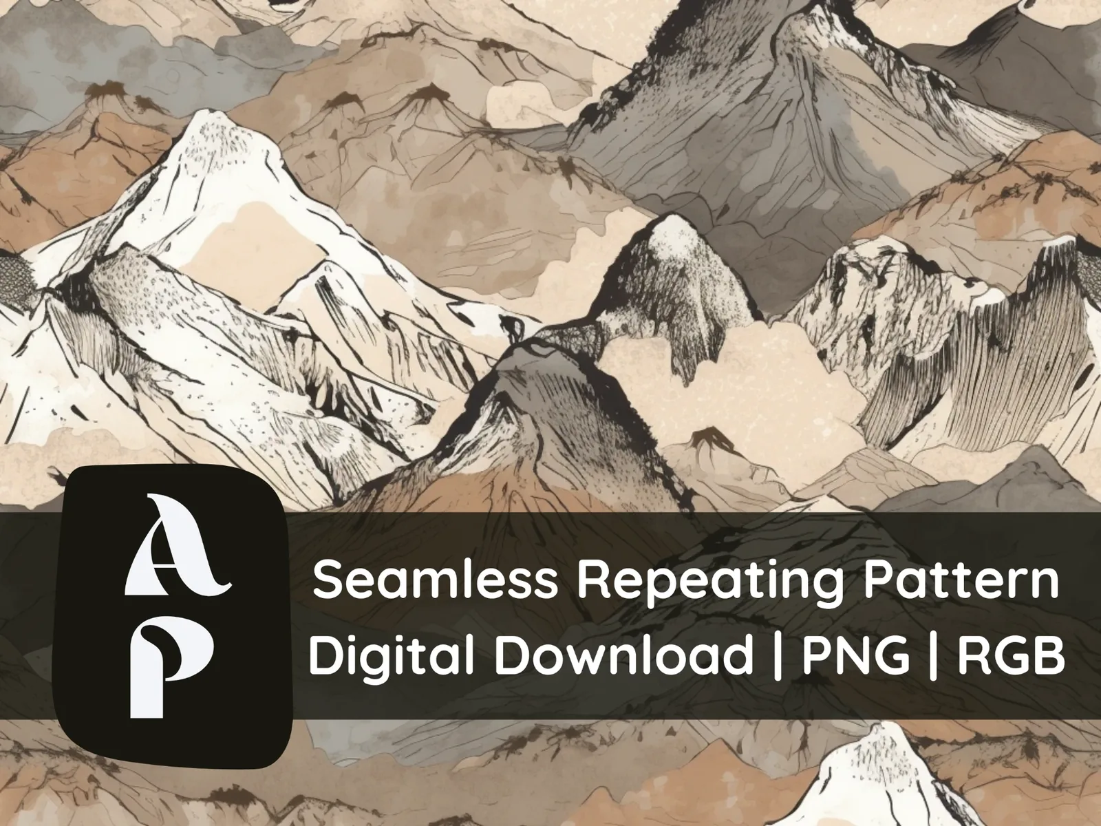 Seamless mountain pattern in ink and earth tones