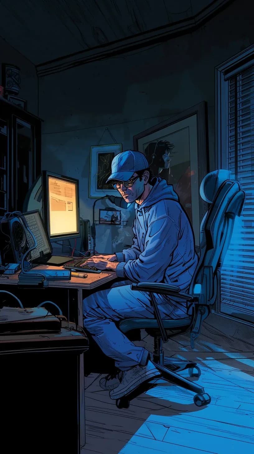 Comic-style illustration of a man working at a computer late at night